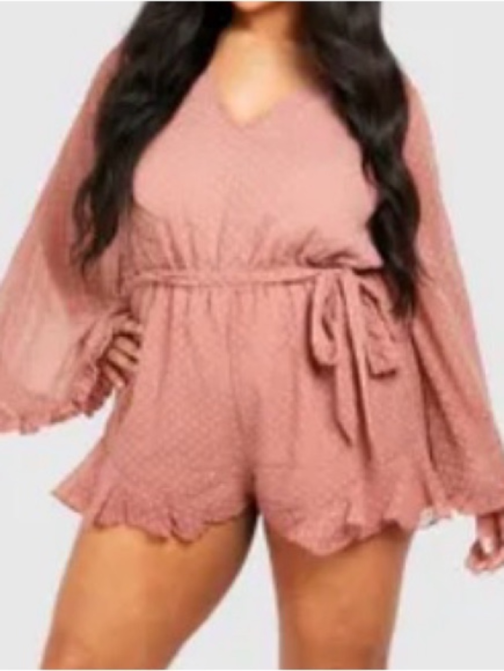 Boohoo Dusty Rose V-Neck Tie-Waist Romper with Scalloped Hem